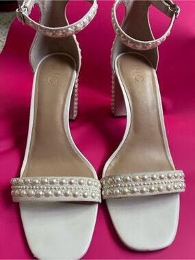 INC International Concepts Pearl-Trim Cream Block Heel Sandals